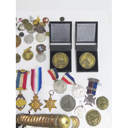 1542 - A reproduction Mons Star, assorted medallions, buttons, and sporting medals etc,