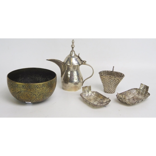 1544 - Abrass bowl, plated Turkish style coffee pot, metal baskets .