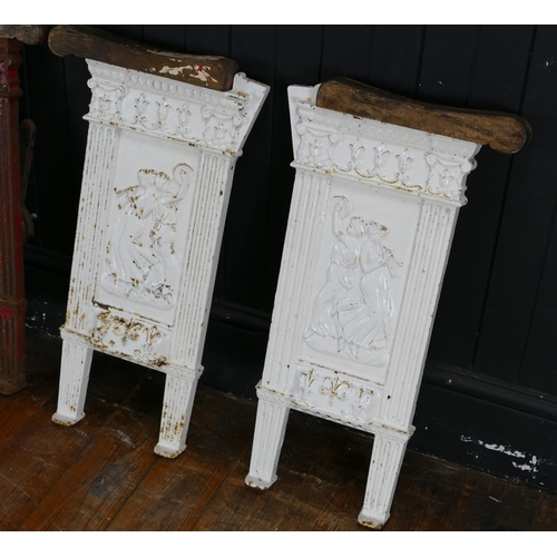 1656 - Two 19th century French Cast Iron theatre Seat Ends decorated with neo classical figures.