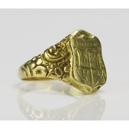 178 - A Rare Australian Colonial BALLARAT Miner's Signet Ring decorated with a pick and shovel, sluice and... 