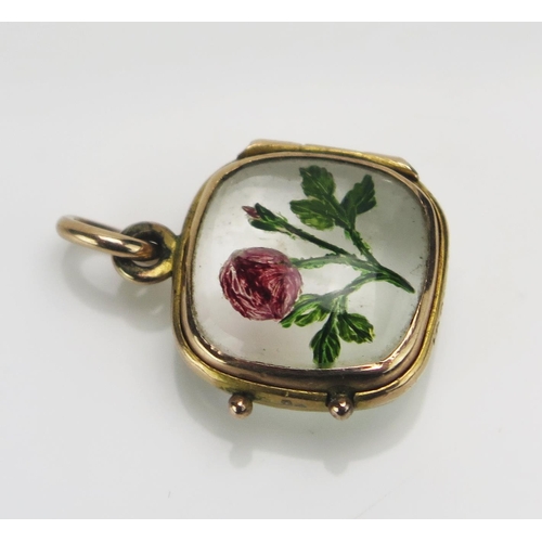 180 - An Antique 9ct Gold and Crystal Reverse Painted Rose Locket, 23.7mm drop, Chester 1901, 3.48g