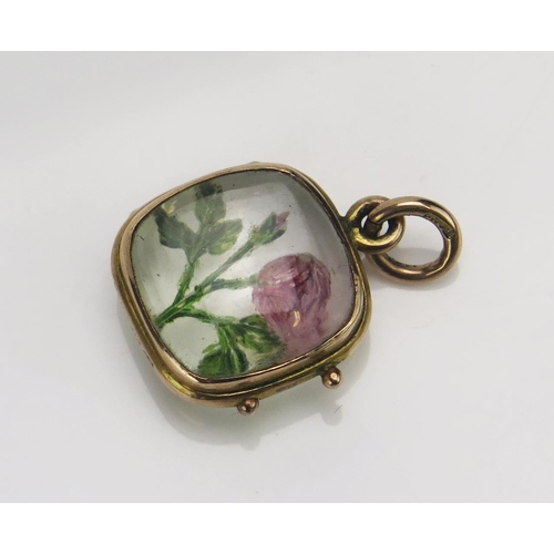 180 - An Antique 9ct Gold and Crystal Reverse Painted Rose Locket, 23.7mm drop, Chester 1901, 3.48g