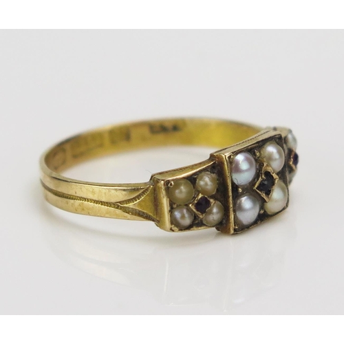 188 - A Victorian 15ct Gold Split Pearl and Garnet Ring, size O.5, probably Birmingham 1874, 2.57g