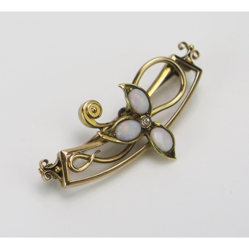 192 - A 15ct Gold, Opal and Old Cut Diamond Foliate Brooch, 42.2mm, stamped 15CT, 4.7g