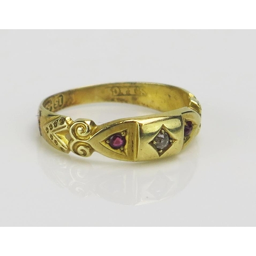 198 - A Victorian 15ct Gold, Ruby and Old Cut Diamond Ring, size M.5, Birmingham 1894, S.B&Co., 2.76g