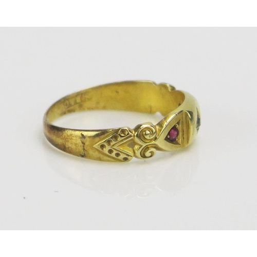 198 - A Victorian 15ct Gold, Ruby and Old Cut Diamond Ring, size M.5, Birmingham 1894, S.B&Co., 2.76g