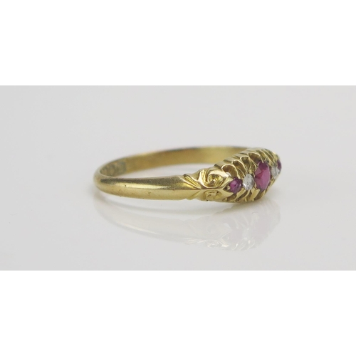 209 - An Antique 18ct Gold, Ruby and Old Cut Diamond Five Stone Ring, c.3.56x3.34mm principal stone, size ... 