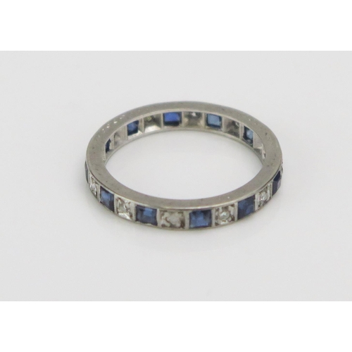 213 - A Sapphire and Diamond Millegrain Precious White Metal Set Full Eternity Ring, size K, 2.4g