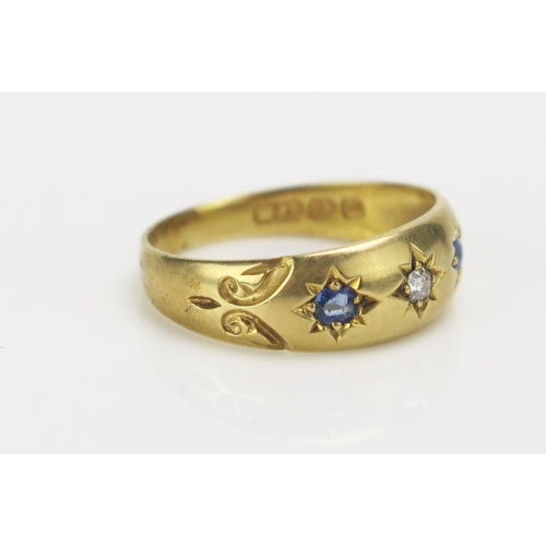 225 - A Victorian 18ct Gold, Sapphire and Old Cut Diamond Gypsy Ring, size L.5, Birmingham 1896, 2.74g