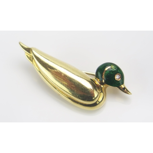 226 - An 18ct Gold, Enamel and Diamond Duck Brooch, c. 32.9mm long, stamped 750, 5.32g