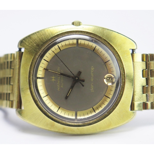 336 - An HAMILTON Automatic Pan-Europ Gold Plated Wristwatch, c. 34.8mm case, back engraved 64058_4, inner... 