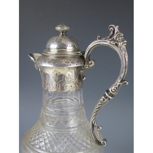 532 - A late Victorian etched glass and silver [plate mounted claret jug, with domed hinged lid, grotesque... 