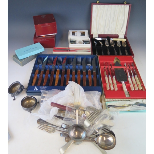 635 - A collection of plated flat wares, table salts, toffee hammer etc.