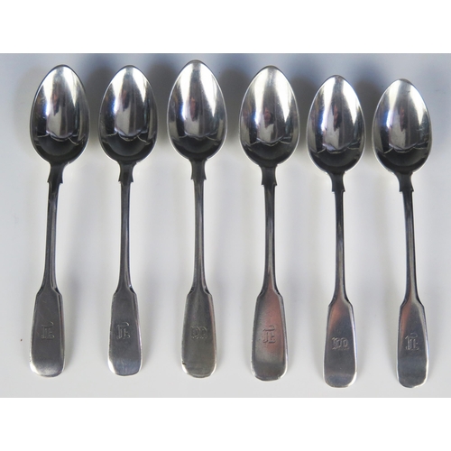 636 - A set of six imperial Russian silver Fiddle pattern teaspoons, assay master Lev Oleks, Moscow, 1889,... 