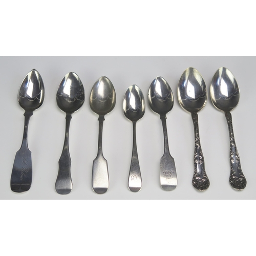 639 - A collection of five 19th century Canadian silver teaspoons, makers include J Leslie, Ottawa James E... 