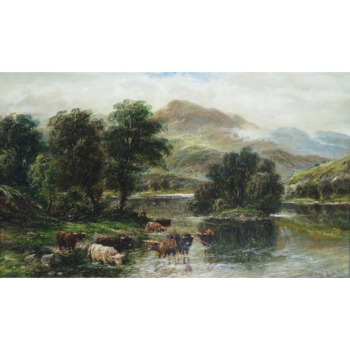 726 - William Langley (British 1880 - 1920) landscape painter, cattle drinking from a river with mountains... 