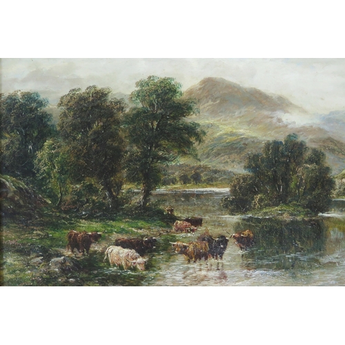 726 - William Langley (British 1880 - 1920) landscape painter, cattle drinking from a river with mountains... 