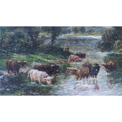 726 - William Langley (British 1880 - 1920) landscape painter, cattle drinking from a river with mountains... 