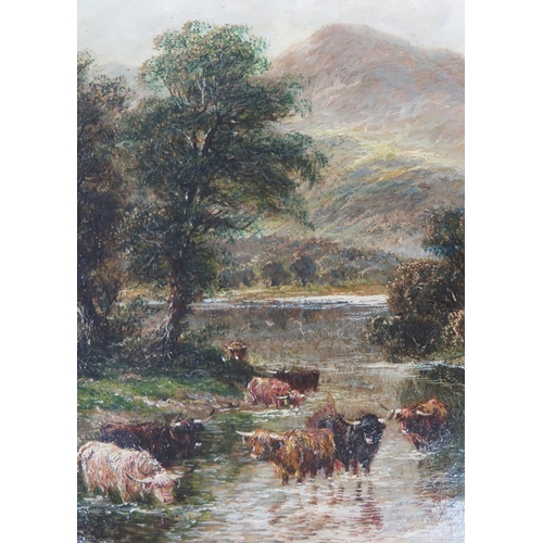 726 - William Langley (British 1880 - 1920) landscape painter, cattle drinking from a river with mountains... 