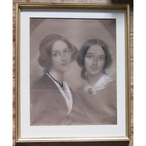 728 - Victorian portrait of two young women, pencil, watercolour and chalk, 54 x 44cm, F & G