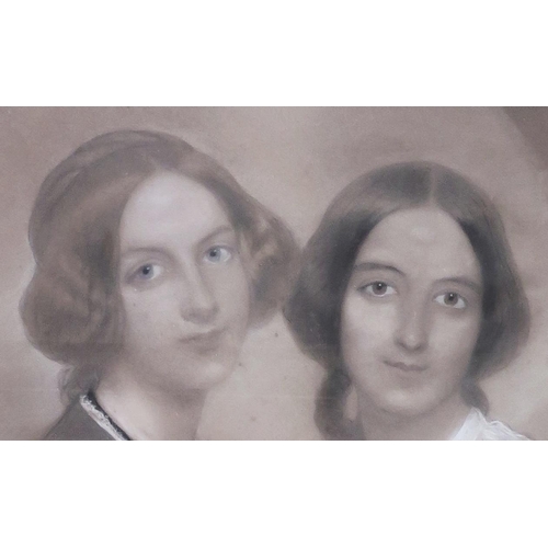 728 - Victorian portrait of two young women, pencil, watercolour and chalk, 54 x 44cm, F & G