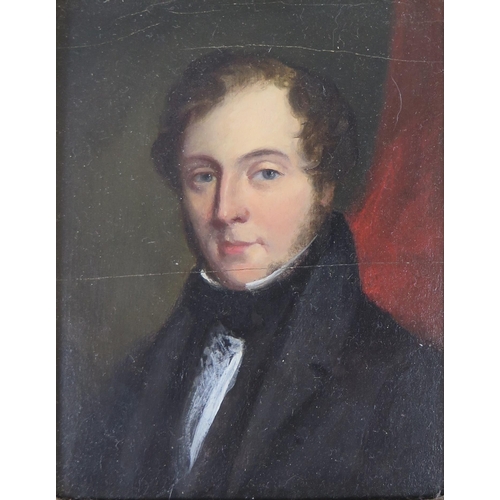 729 - Portrait believed to be of Robert Burns, oil on board, 12 x 9cm, 19th century gilt gesso frame