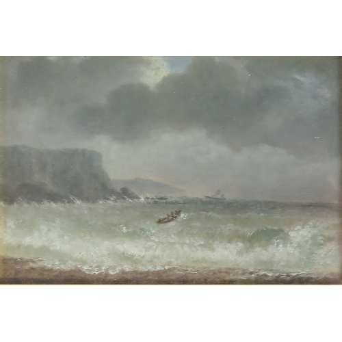 733 - Nineteenth century English school oil on board, 'Chesil Cove', 16 x 10cm, ornate gilt frame