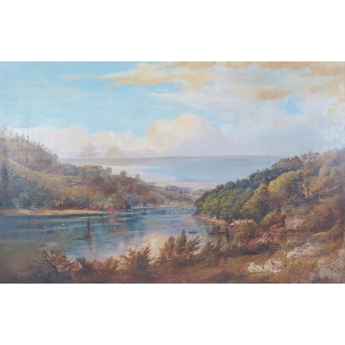 735 - Nineteenth century riverside scene, oil on canvas, signature indistinguishable, 70 x 45cm, gilt fram... 