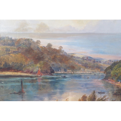 735 - Nineteenth century riverside scene, oil on canvas, signature indistinguishable, 70 x 45cm, gilt fram... 