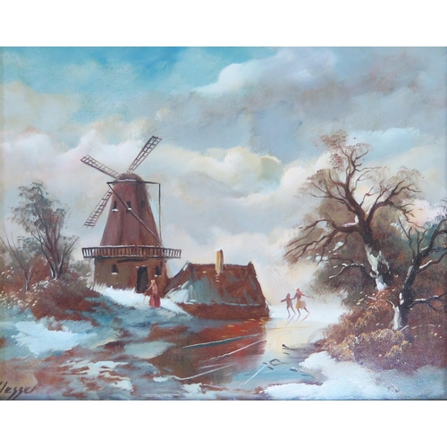 737 - Jan van Hessel (Dutch  b.1894) pair of signed oils on board depicting snowy landscapes and skating f... 