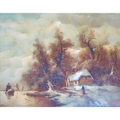 737 - Jan van Hessel (Dutch  b.1894) pair of signed oils on board depicting snowy landscapes and skating f... 