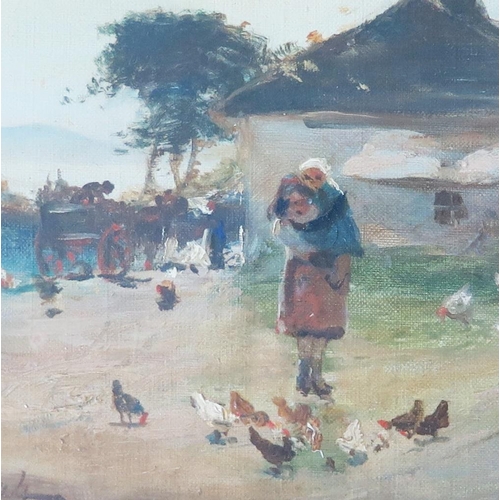 738 - Feeding the chickens, oil on board, signed Samuel Bough, 25 x 18cm, ornate gilt frame and glazed