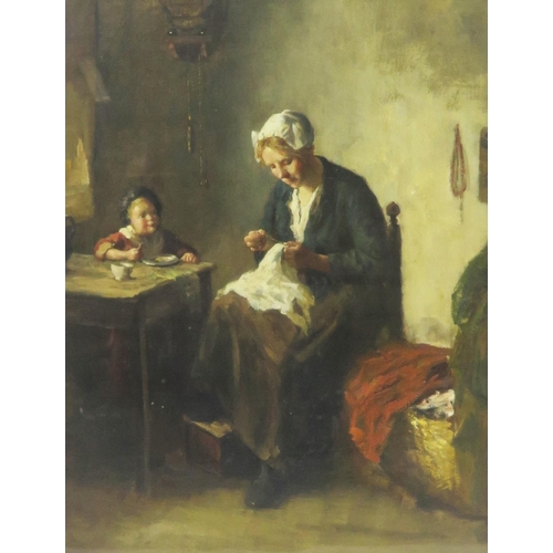 740 - Bernard de Hoog (1867 - 1943), Dutch Painter influenced by the Hague School, domestic scene with Mot... 