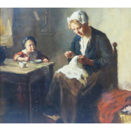 740 - Bernard de Hoog (1867 - 1943), Dutch Painter influenced by the Hague School, domestic scene with Mot... 