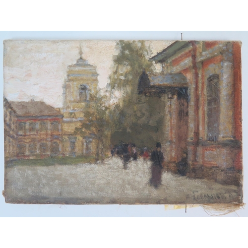 741 - Street scene, oil on canvas, signature lower right - possibly Russian, inscribed on canvas verso and... 