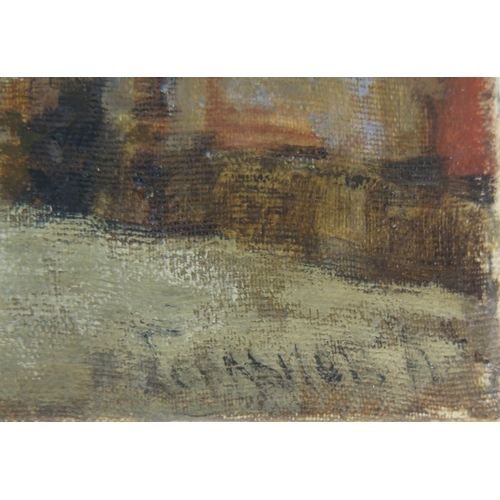 741 - Street scene, oil on canvas, signature lower right - possibly Russian, inscribed on canvas verso and... 