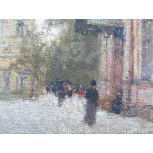 741 - Street scene, oil on canvas, signature lower right - possibly Russian, inscribed on canvas verso and... 