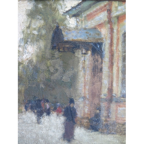 741 - Street scene, oil on canvas, signature lower right - possibly Russian, inscribed on canvas verso and... 