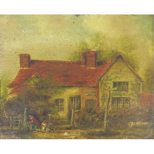 742 - Nineteenth century cottage scene, oil on panel, 22 x 18cm, maple framed and a tinted photo of a gent... 