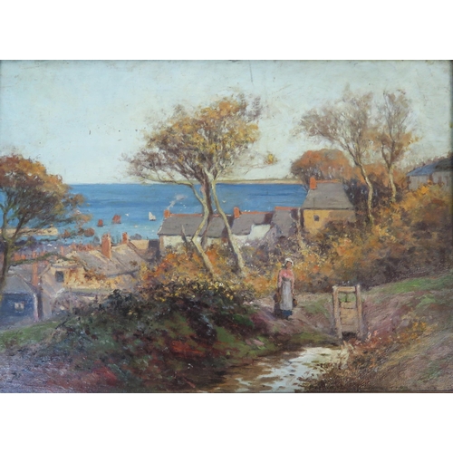 743 - Village scene with the coast beyond, possibly Cornwall, oil on panel, inscribed verso 'W E Croxford ... 