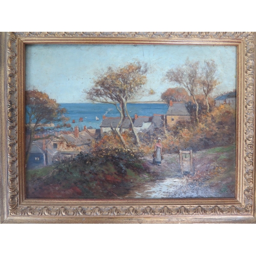 743 - Village scene with the coast beyond, possibly Cornwall, oil on panel, inscribed verso 'W E Croxford ... 