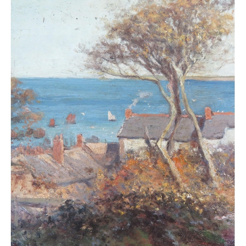 743 - Village scene with the coast beyond, possibly Cornwall, oil on panel, inscribed verso 'W E Croxford ... 