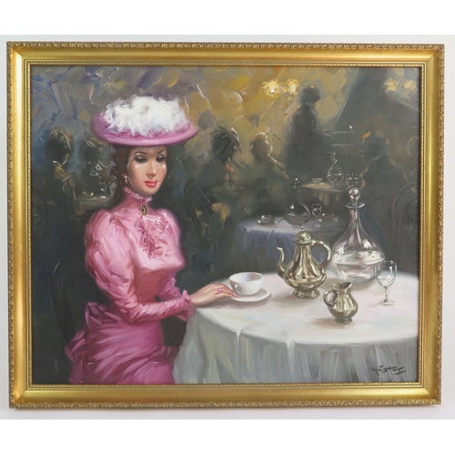 747 - Twentieth century portrait of a lady taking tea in a cafe, oil on canvas, signed Nestor?, 74 x 59cm,... 