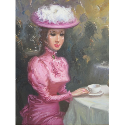 747 - Twentieth century portrait of a lady taking tea in a cafe, oil on canvas, signed Nestor?, 74 x 59cm,... 