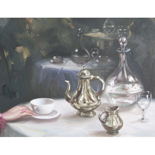 747 - Twentieth century portrait of a lady taking tea in a cafe, oil on canvas, signed Nestor?, 74 x 59cm,... 