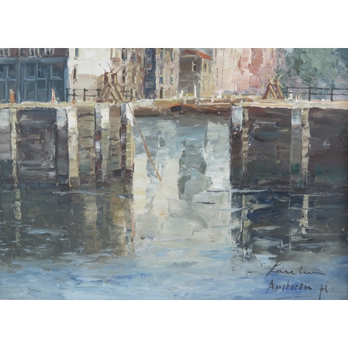 748 - Ludwig Blum?( Czech born 1891 – 1974), Amsterdam scene, oil on canvas, 89 x 59cm, framed