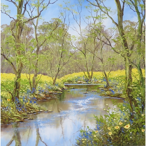 750 - Terry Evans b.1943, tranquil river scene with daffodils and bluebells, signed lower right, impasto o... 