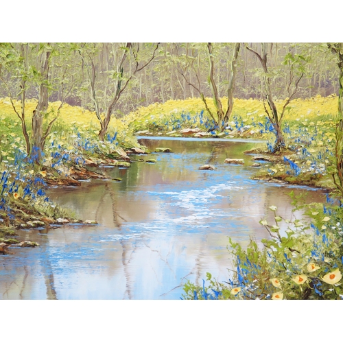 750 - Terry Evans b.1943, tranquil river scene with daffodils and bluebells, signed lower right, impasto o... 