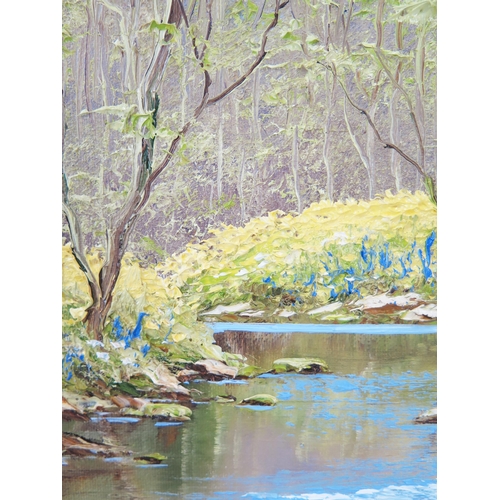 750 - Terry Evans b.1943, tranquil river scene with daffodils and bluebells, signed lower right, impasto o... 