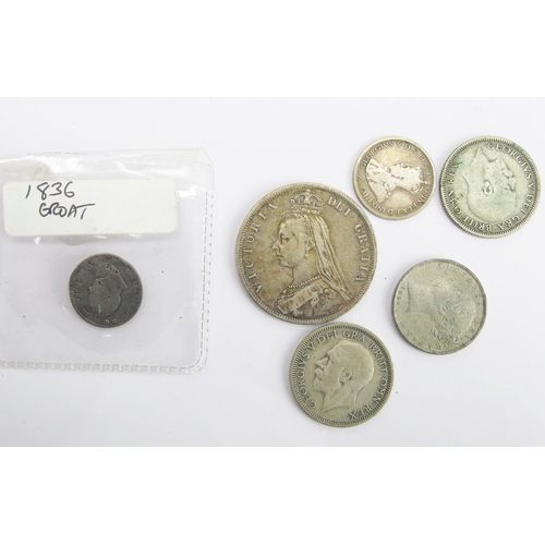 856 - A Victoria 1887 Half Crown and other silver coins, etc.